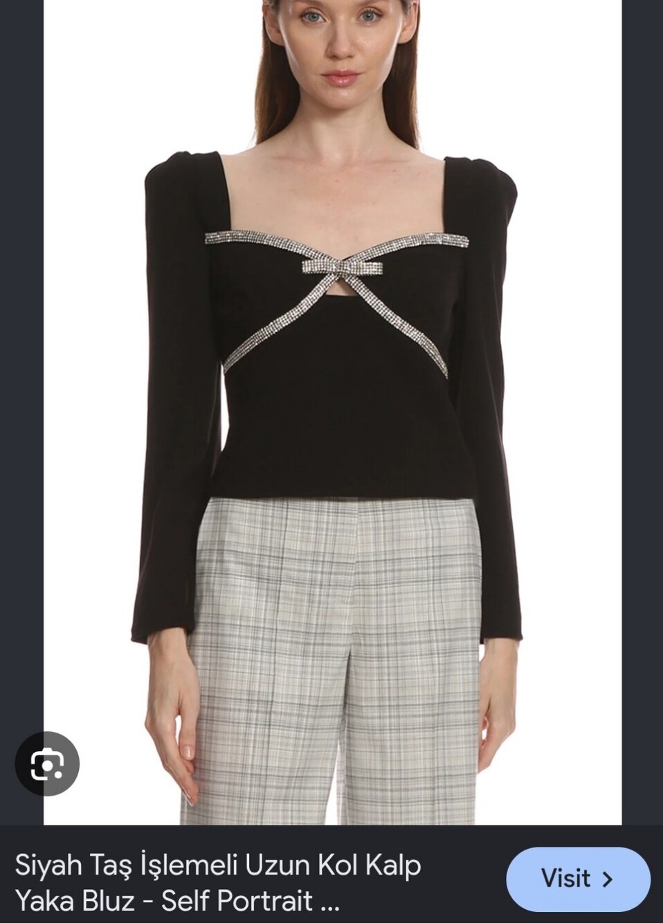 Self-Portrait Black Long-Sleeve Square Heart Neckline Top with Crystal Trim